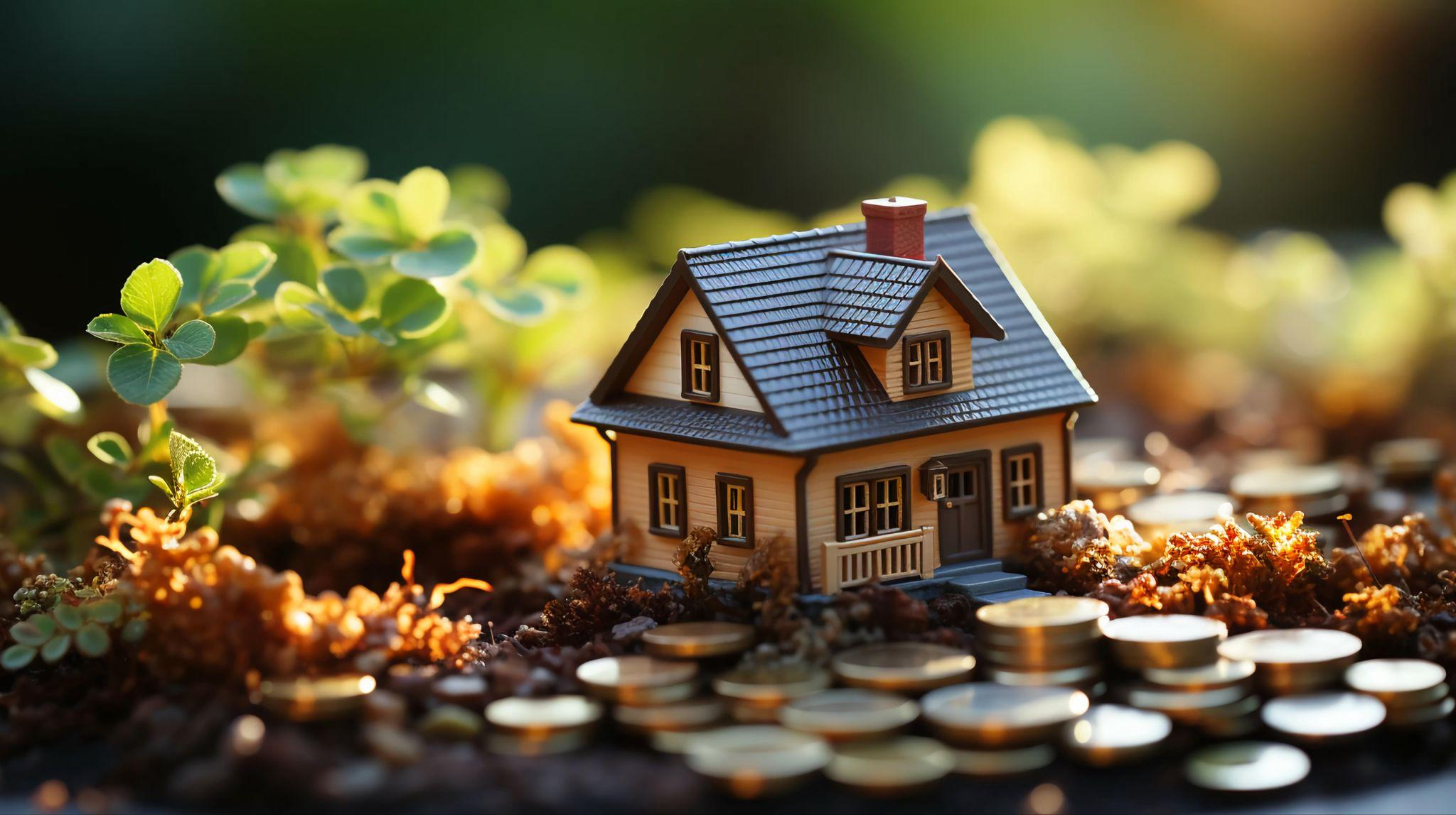 A model house with saved money surrounding it